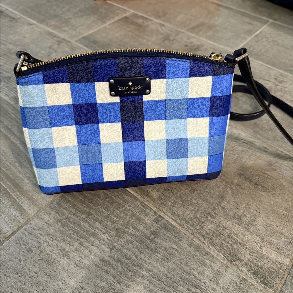 Kate Spade Blue and White Checkered Gingham Style Crossbody Bag